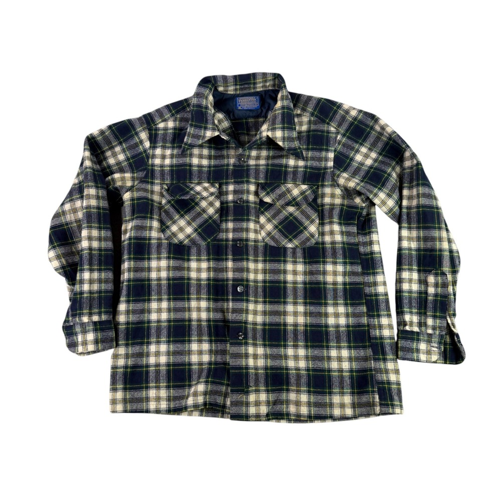 Pendleton Board Shirt Men L Blue Green Plaid Wool Vintage 70s Made in USA